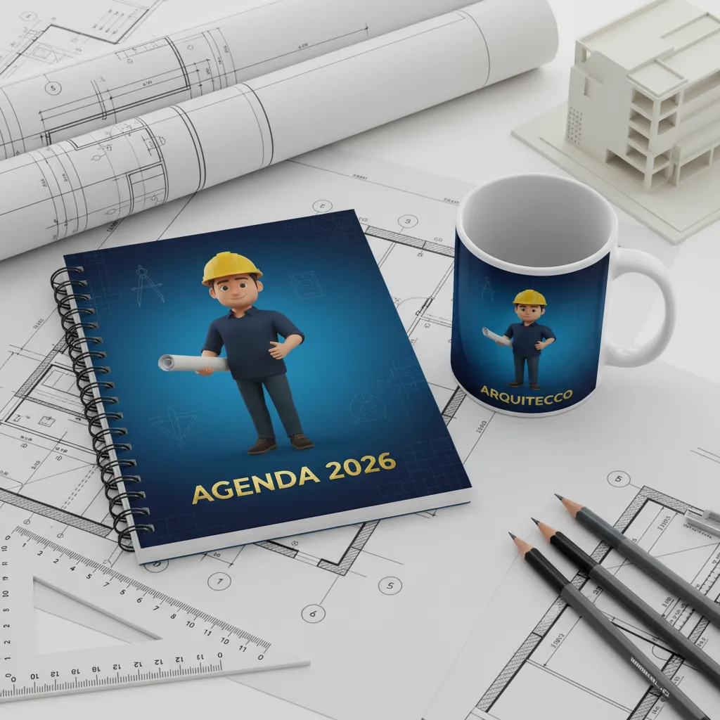 Portada de agenda para arquitectos 2026 sobre mesa de dibujo con escalímetro