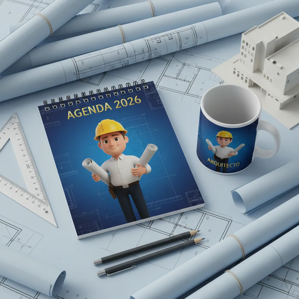 Agenda personalizada para arquitecto con diseño de planos y caricatura, incluye taza de regalo.